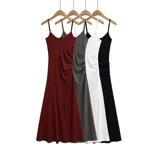 Plain Open Back Ruched Midi A-Line Spaghetti Strap Dress