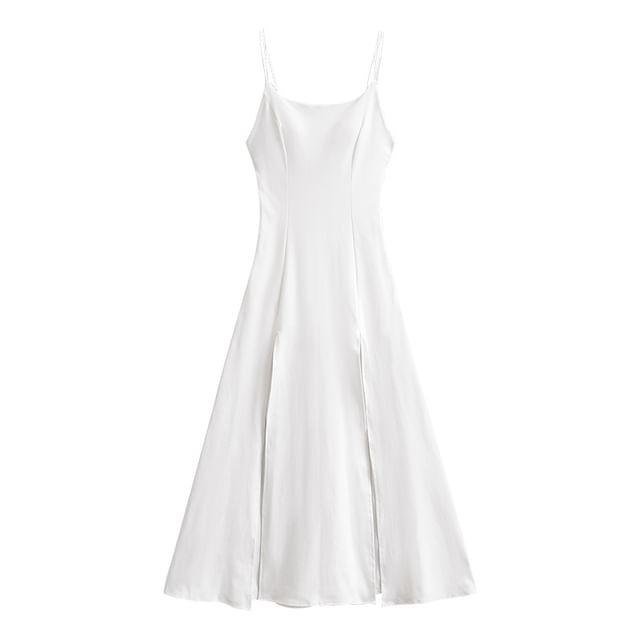 Plain Padded Slit Maxi A-Line Spaghetti Strap Dress