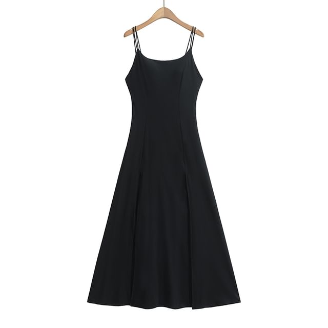Plain Padded Slit Maxi A-Line Spaghetti Strap Dress