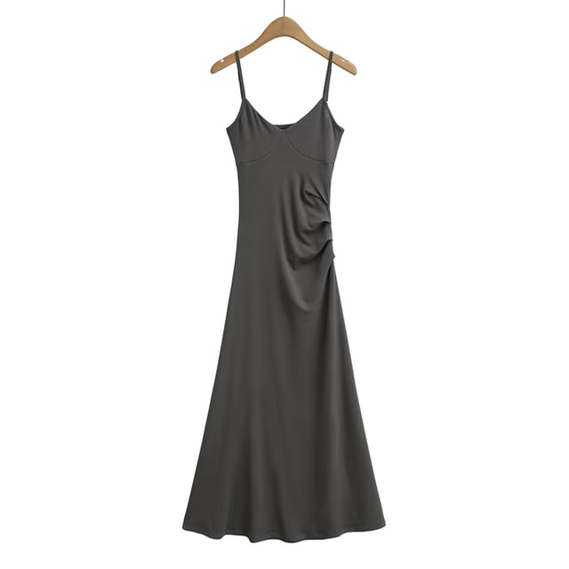 Plain Open Back Ruched Midi A-Line Spaghetti Strap Dress
