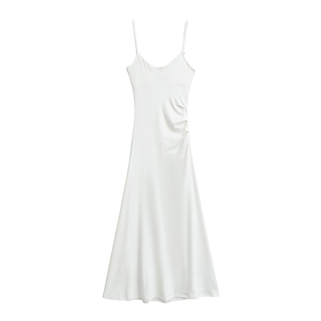 Plain Open Back Ruched Midi A-Line Spaghetti Strap Dress