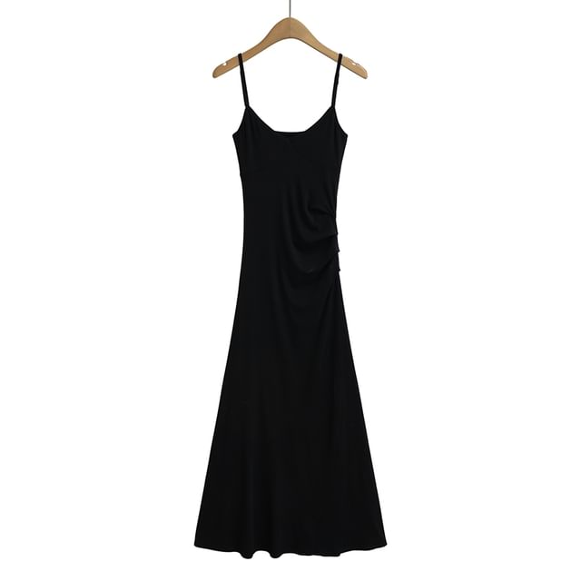 Plain Open Back Ruched Midi A-Line Spaghetti Strap Dress