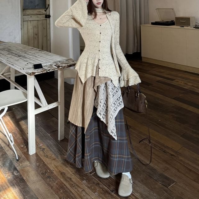 Lace Bell Sleeve Top with Scarf and Plaid Panel Maxi Skirt Set
