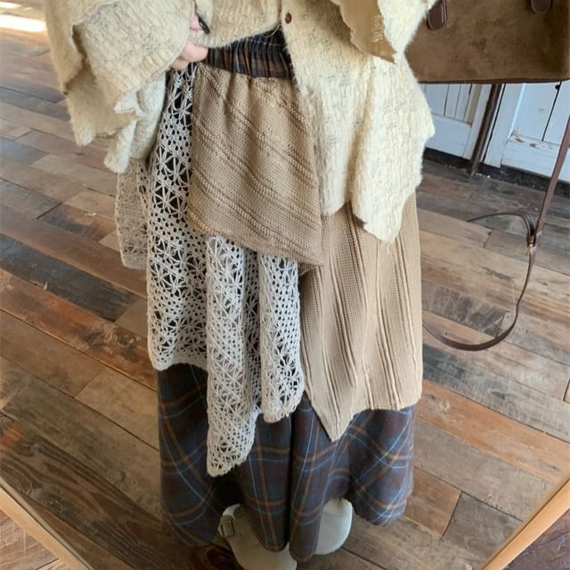 Lace Bell Sleeve Top with Scarf and Plaid Panel Maxi Skirt Set