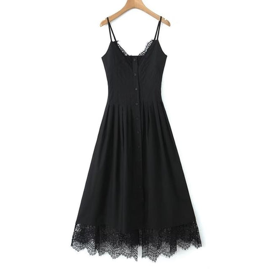 V-Neck Lace Midi A-Line Spaghetti Strap Dress