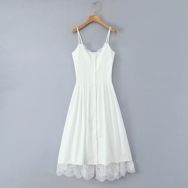 V-Neck Lace Midi A-Line Spaghetti Strap Dress