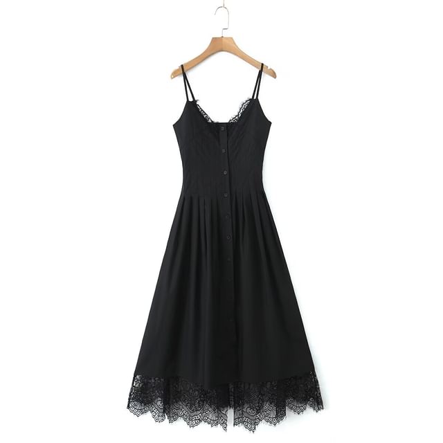 V-Neck Lace Midi A-Line Spaghetti Strap Dress