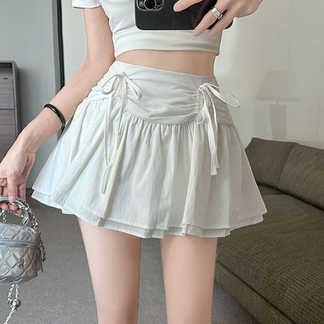 High Rise Drawstring Ruched Layered Mini Flared Skirt