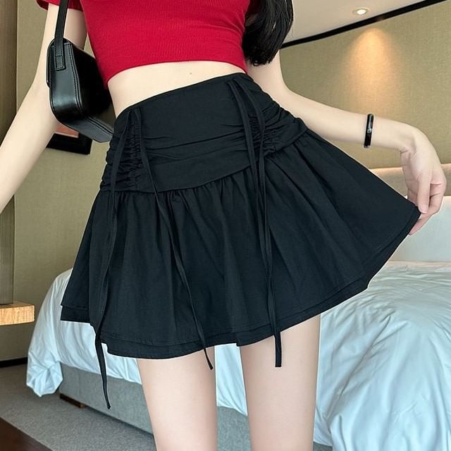 High Rise Drawstring Ruched Layered Mini Flared Skirt