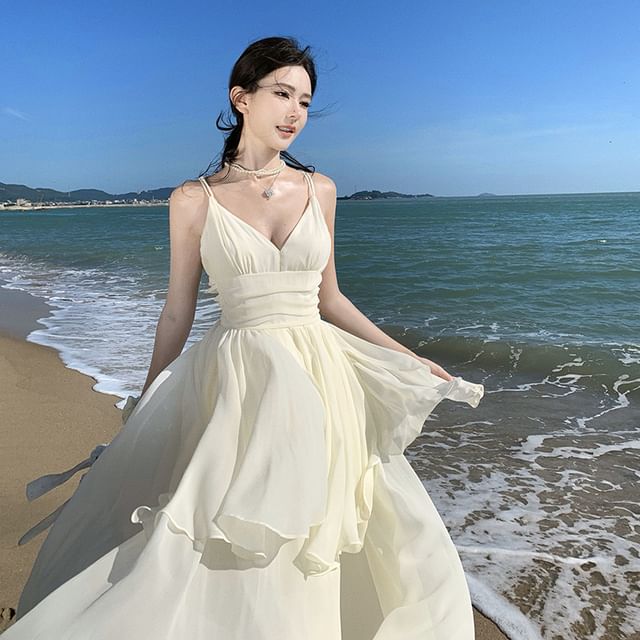 V-Neck Plain Maxi A-Line Spaghetti Strap Dress