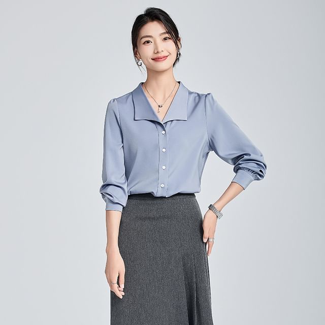 Long Sleeve Collared Blouse with High Rise Pleated Midi Flared Skirt Set