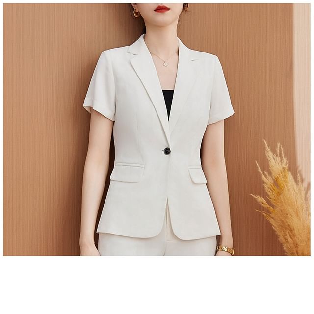 Short Sleeve Notch Lapel Blazer with Cropped Slacks and Mini Pencil Skirt Set