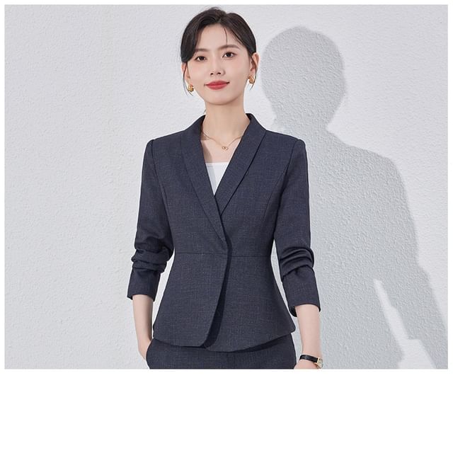 Shawl Lapel Hidden Button Blazer with Cropped Suit Pants, Mini Skirt, and V-Neck Blouse Set