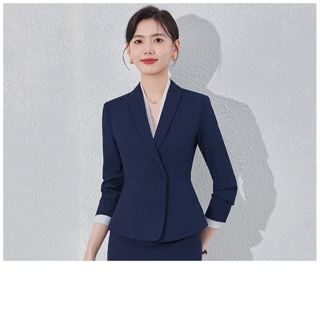 Shawl Lapel Hidden Button Blazer with Cropped Suit Pants, Mini Skirt, and V-Neck Blouse Set