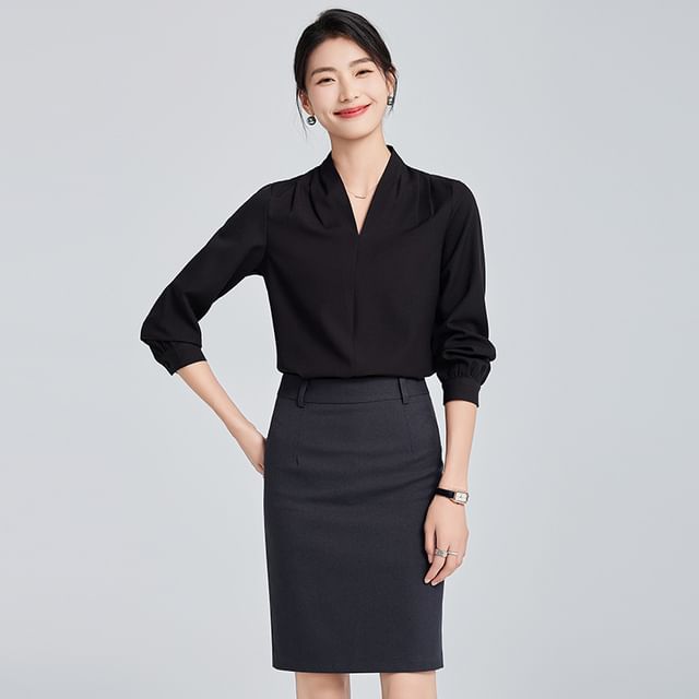 Long Sleeve V-Neck Blouse with Straight Leg Trousers and Mini Pencil Skirt Set