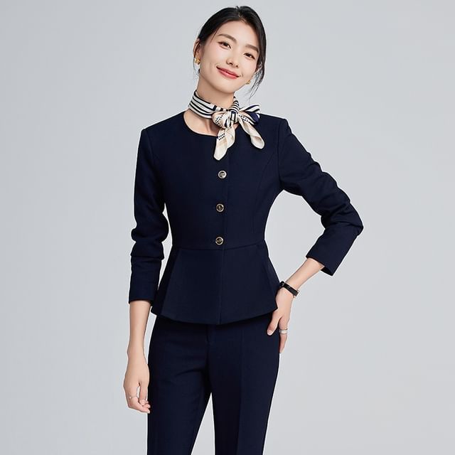 Round Neck Peplum Single Breasted Blazer with Straight Leg Pants and Mini Skirt Set
