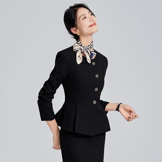 Round Neck Peplum Single Breasted Blazer with Straight Leg Pants and Mini Skirt Set