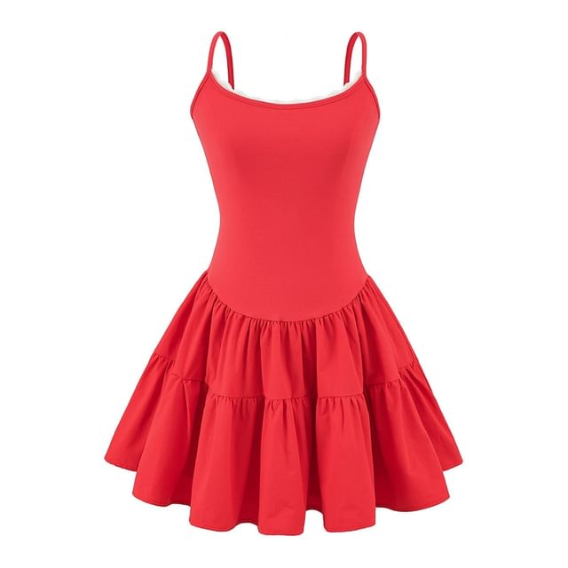 Scoop Neck Lace Trim Open Back Mini A-Line Spaghetti Strap Dress
