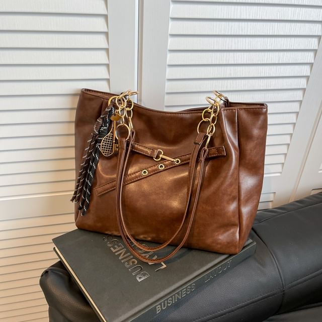 Faux Leather Buckled Chained Shoulder Bag