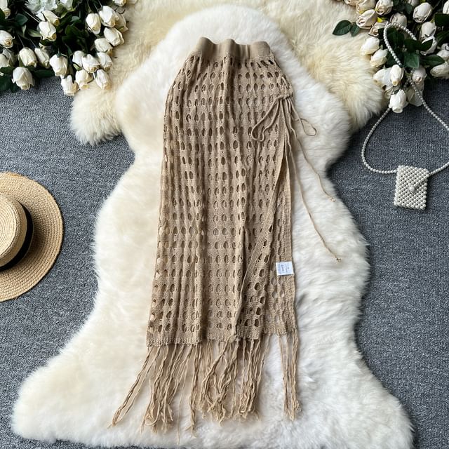 High Rise Perforated Fringed Long Skirt