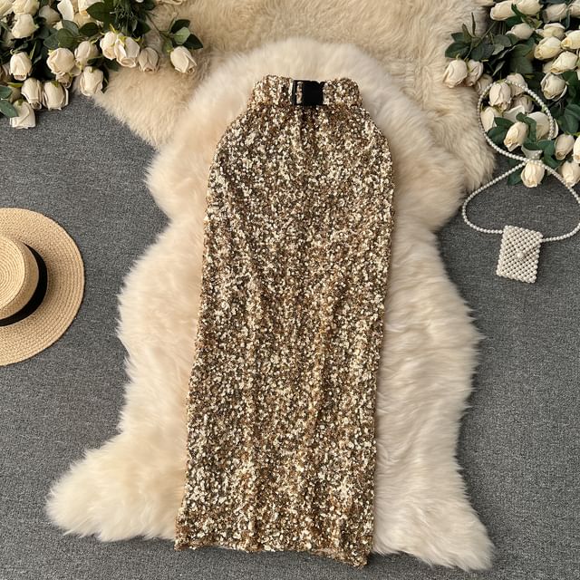 High Rise Sequin Flared Maxi Skirt