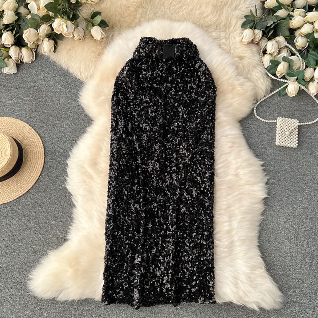 High Rise Sequin Flared Maxi Skirt