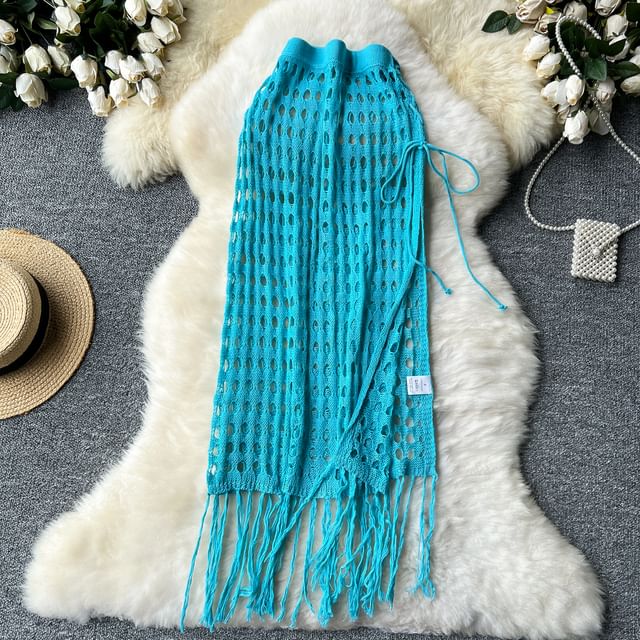 High Rise Perforated Fringed Long Skirt