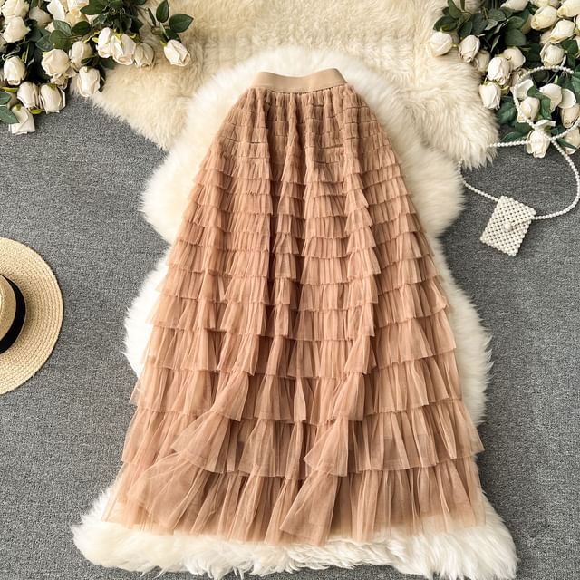 High Rise Mesh Layered Maxi Skirt