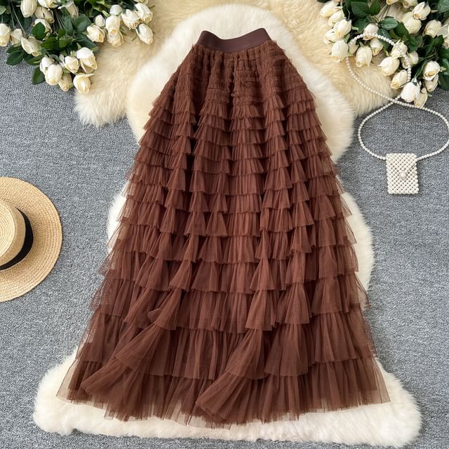 High Rise Mesh Layered Maxi Skirt