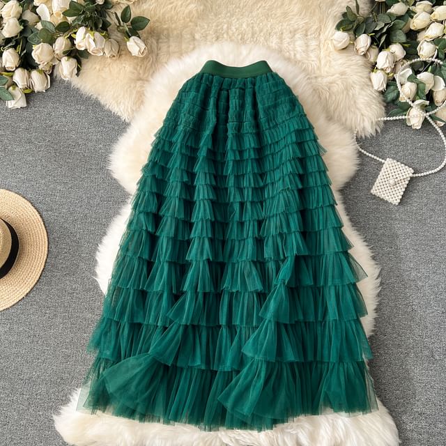 High Rise Mesh Layered Maxi Skirt