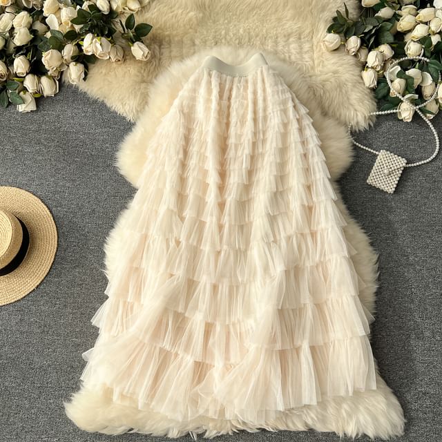 High Rise Mesh Layered Maxi Skirt