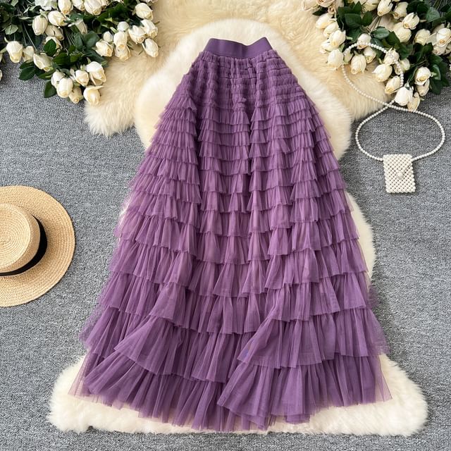 High Rise Mesh Layered Maxi Skirt