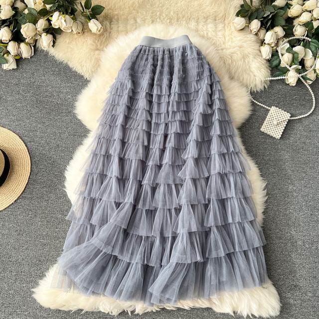 High Rise Mesh Layered Maxi Skirt