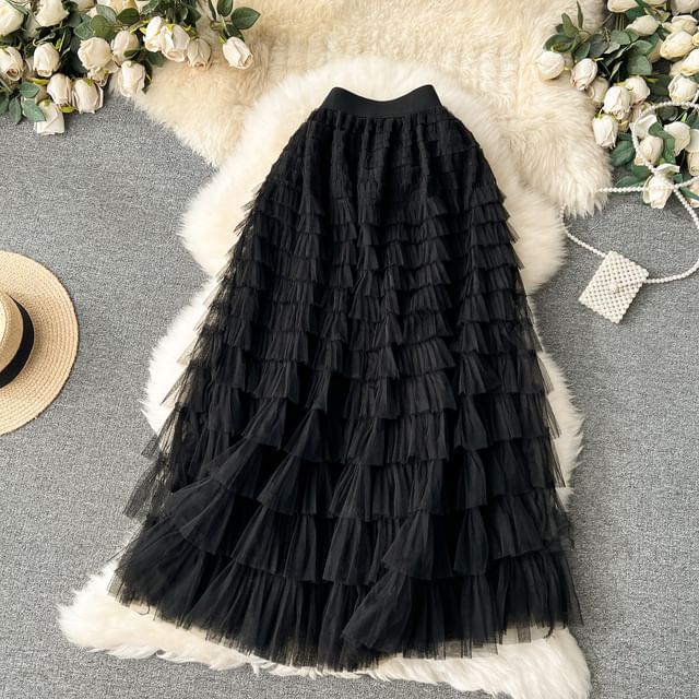 High Rise Mesh Layered Maxi Skirt