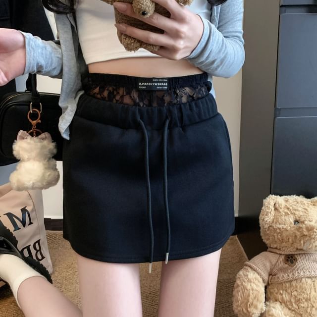 Mock Two-Piece High Waist Lace Panel Mini Flared Skirt