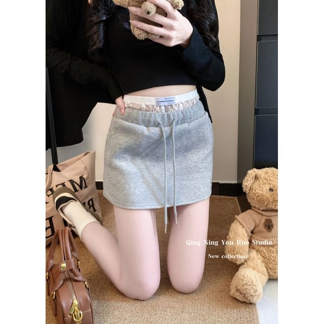 Mock Two-Piece High Waist Lace Panel Mini Flared Skirt