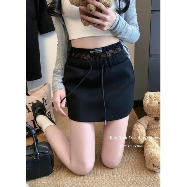 Mock Two-Piece High Waist Lace Panel Mini Flared Skirt