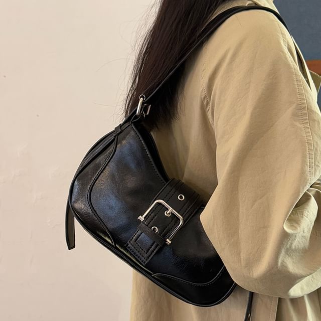Faux Leather Buckled Hobo Bag