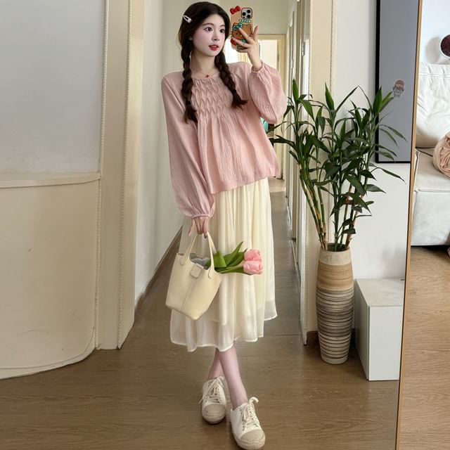 Maternity Long Sleeve Crew Neck Pintuck Blouse with High Rise Midi Flared Skirt Set