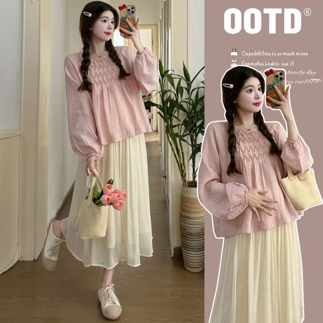 Maternity Long Sleeve Crew Neck Pintuck Blouse with High Rise Midi Flared Skirt Set