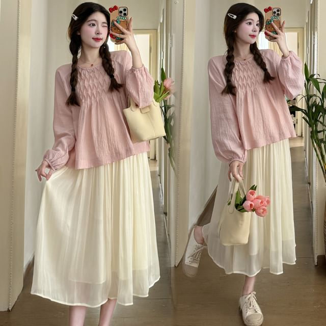 Maternity Long Sleeve Crew Neck Pintuck Blouse with High Rise Midi Flared Skirt Set