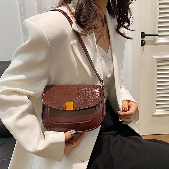 Croc Grain Faux Leather Flap Shoulder Bag