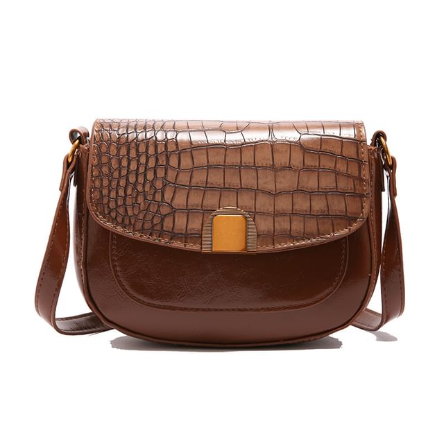 Croc Grain Faux Leather Flap Shoulder Bag