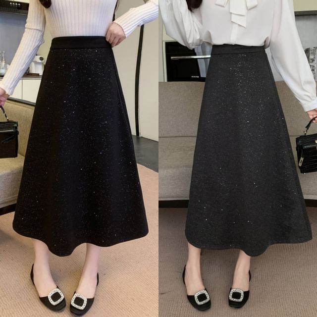 Glittery Flared Midi Skirt with High Waist