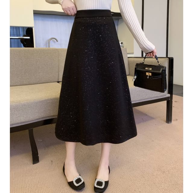 Glittery Flared Midi Skirt with High Waist