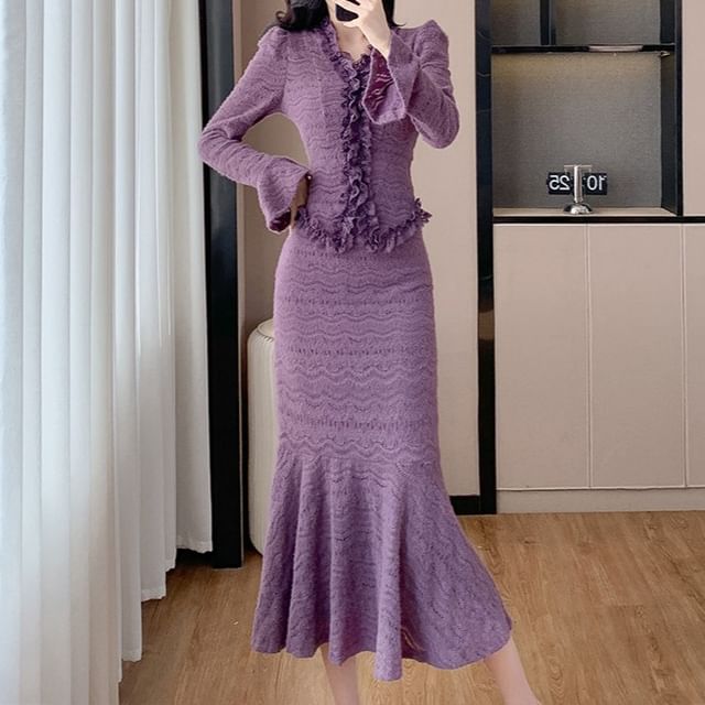 Long Sleeve V-Neck Ruffled Blouse with High Waist Mermaid Midi Skirt Set