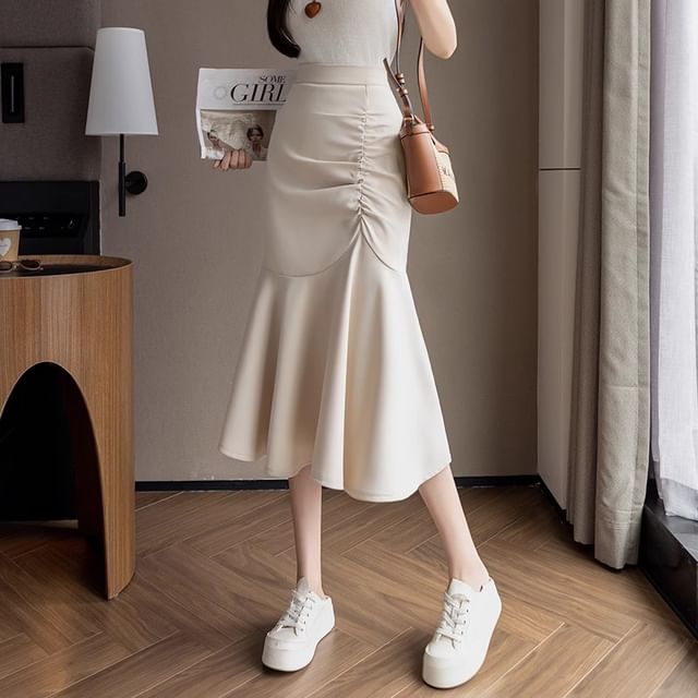 High Rise Ruched Midi Fishtail Skirt