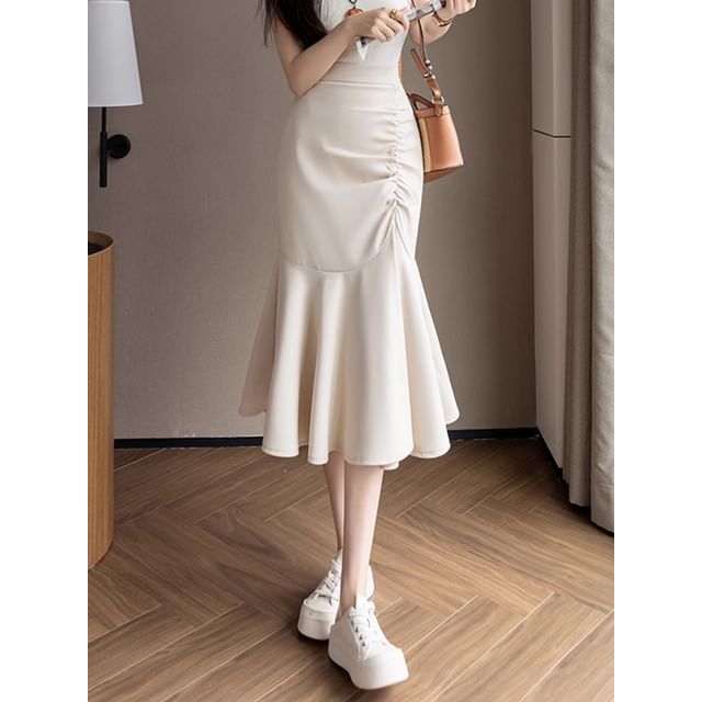 High Rise Ruched Midi Fishtail Skirt