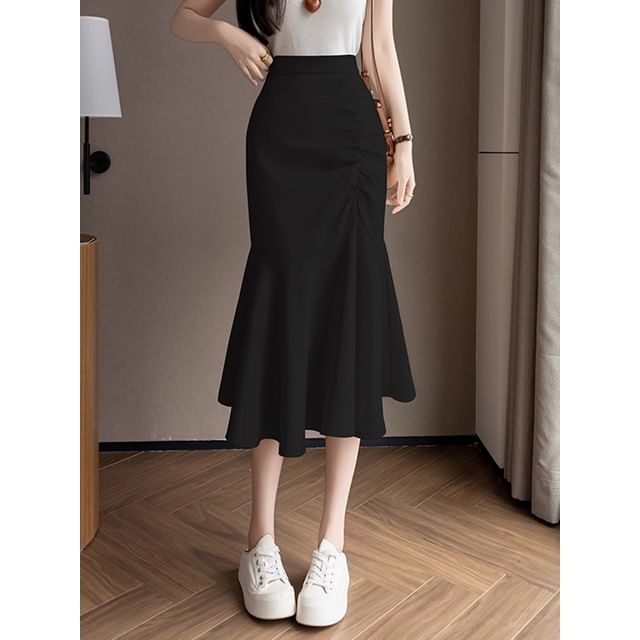 High Rise Ruched Midi Fishtail Skirt