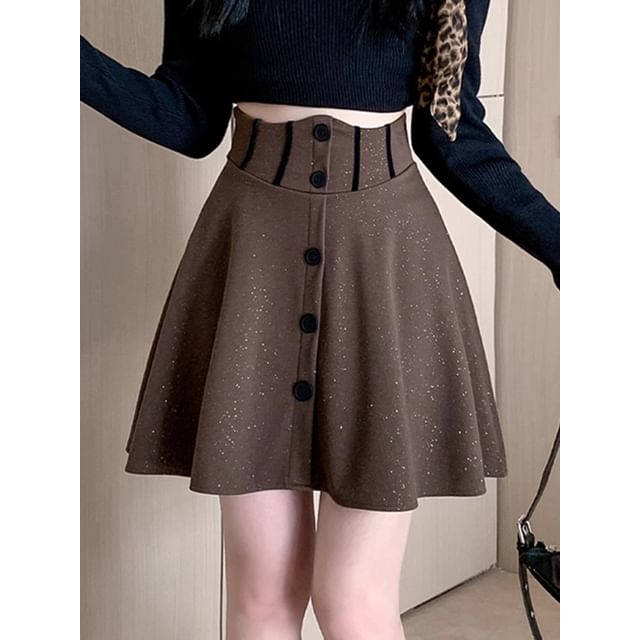 High Rise Glitter Button Mini Flared Skirt